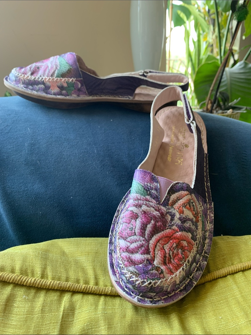 New! Anuschka Hand-painted Floral Slingback Loafers - Purple Rose- Size 37